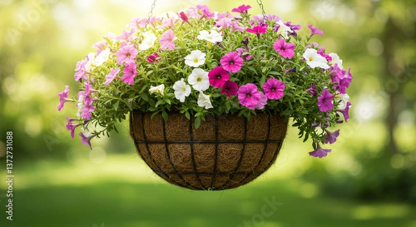 Fototapeta A vibrant hanging basket overflowing with pink, white, and purple petunias, creating a breathtaking summer garden scene in soft sunlight.
