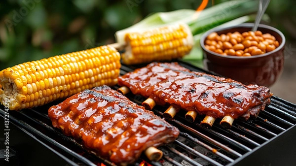 Fototapeta Grilled ribs with corn and beans create delicious feast