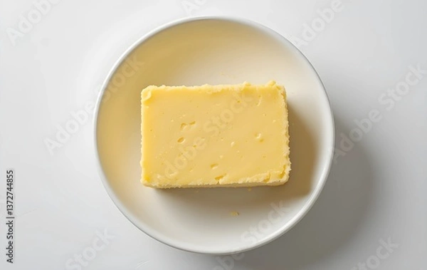 Fototapeta Top view of block of butter in white bowl on white background, block of butter in white bowl, yellow butter in white bowl