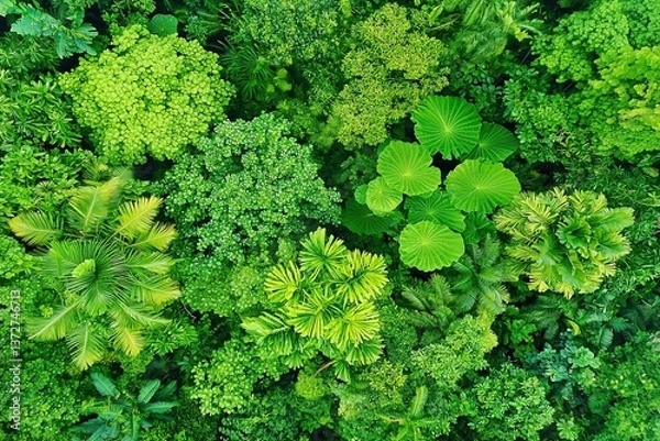 Fototapeta Vibrant canopy of diverse trees from overhead perspective various shades of green foliage