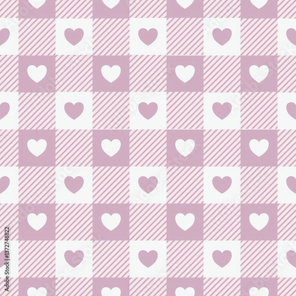 Fototapeta Heart check design seamless pattern. Valentine theme. Hearts on tartan geometric vector for wallpaper, clothing, wrapping, fabric, stationery, and phone cases.