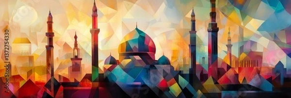 Fototapeta Abstract painting of a mosque with minarets against a colorful