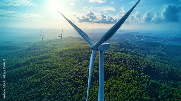 Fototapeta Aerial view of wind turbines coal-fired power plants mountains, forests as background Contrast between renewable energy traditional power, sustainability industrial impact environmental responsibility