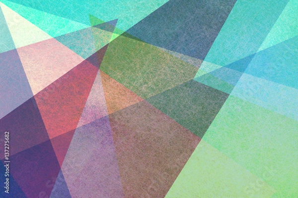 Fototapeta colorful abstract geometric background design with transparent triangle layers and pieces in random fun pattern with canvas style texture overlay