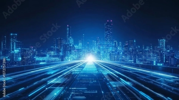 Fototapeta Future technology blue sci-fi style, a glowing bridge in front leads to the other side, and in the distance on the other side is a futuristic high-tech city