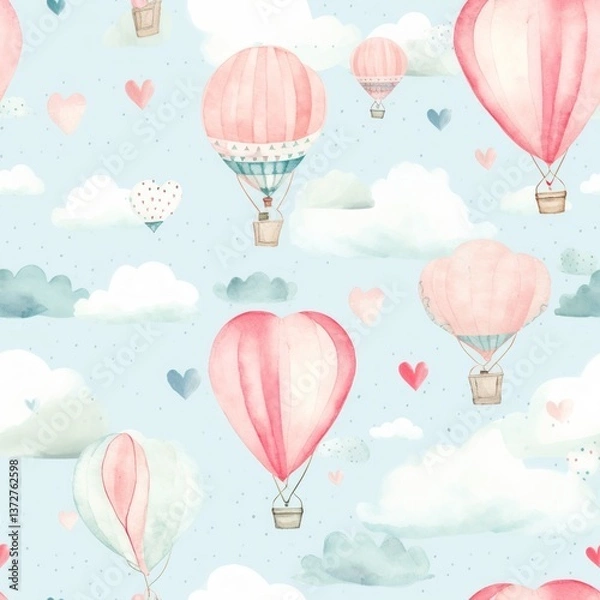 Fototapeta Whimsical Hot Air Balloons in the Sky Dreamy Pastel Illustration, perfect for nursery decor with a playful atmosphere