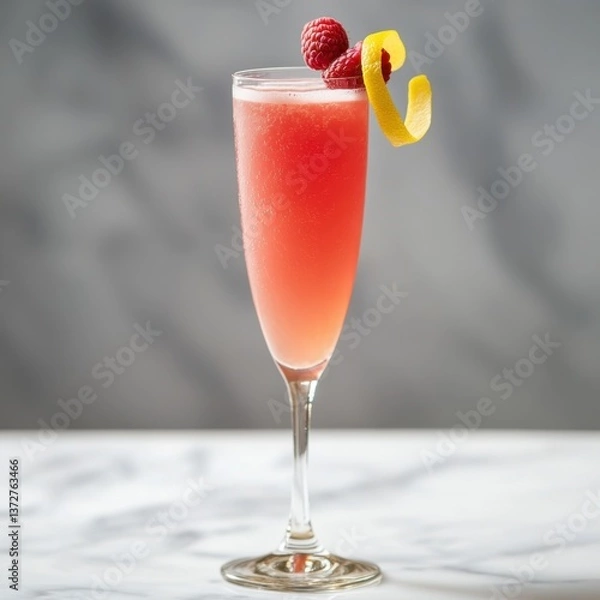 Fototapeta National Lemonade Day Elegant raspberry lemon champagne cocktail on marble surface