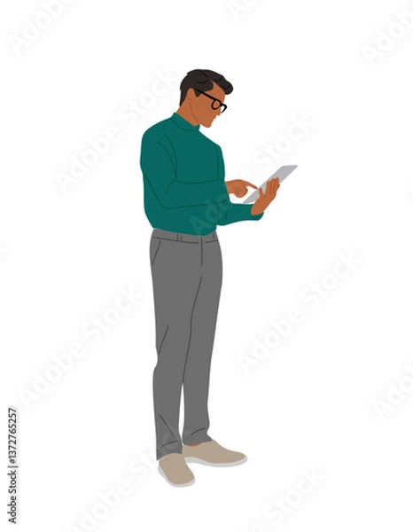 Fototapeta Business man working at digital tablet. Handsome man wearing smart casual office outfit, glasses standing with device. Vector realistic illustration isolated on transparent background.