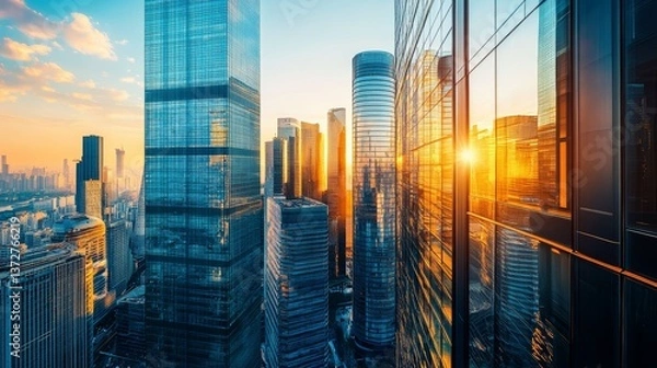 Fototapeta Distant view, overhead shot, cool colors, futuristic city skyline, tall buildings with glass facades, early morning sunlight reflection 