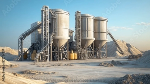 Fototapeta A concrete mixing plant with large storage silos and rotating drum mixers.