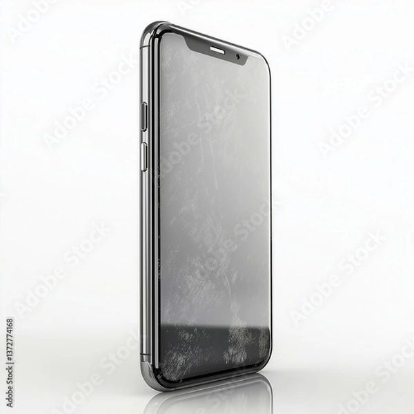 Obraz Standing smartphone with smudged screen on reflective surface