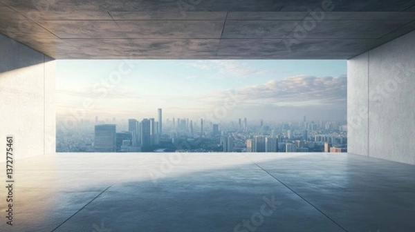 Fototapeta photorealistic 3d render of abstract with concrete floor overlooking skyline 