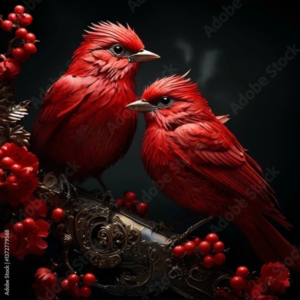 Obraz red birds on a branch