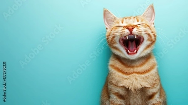 Obraz Laughing ginger kitten on turquoise background