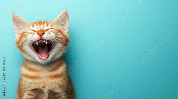 Obraz Laughing ginger kitten on turquoise background
