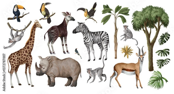 Fototapeta Jungle animals and trees isolated. Palm trees, giraffe, okapi, zebra etc. Vector.