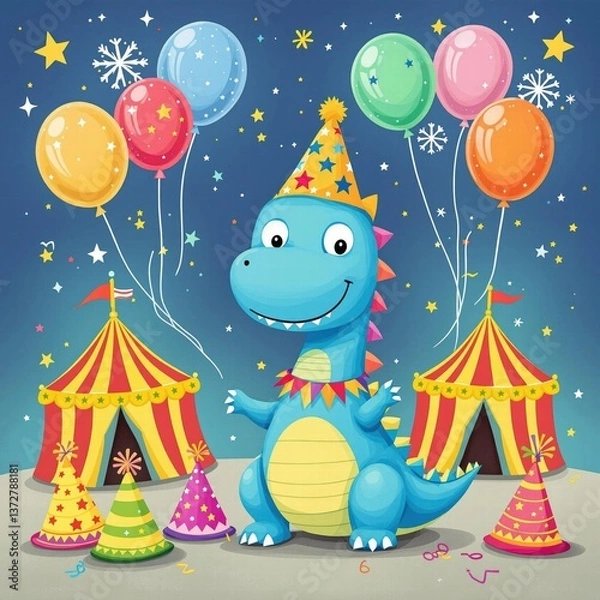 Fototapeta A cartoon dinosaur is sitting in front of a circus tent with a party hat on
