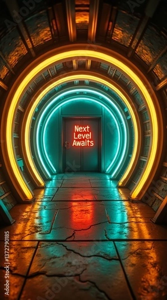 Fototapeta A vibrant, futuristic tunnel with neon accents leads to a door that proclaims "Next Level Awaits.