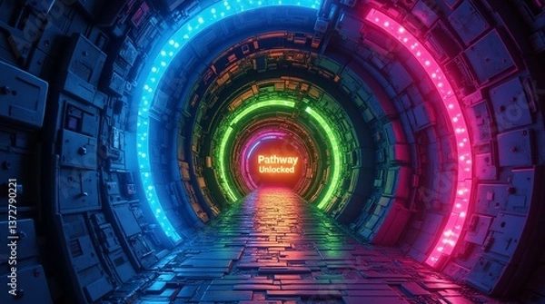 Fototapeta A vibrant, futuristic tunnel, lit by neon rings of color, showcasing the text "Pathway Unlocked.