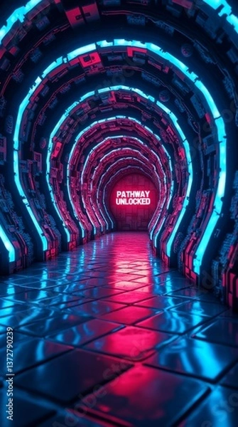 Fototapeta A vibrant neon tunnel, bathed in blue and pink light, leads to a new beginning.