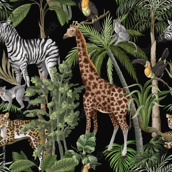 Fototapeta Seamless pattern with jungle animals and trees. Palm trees, giraffe, okapi, zebra etc. Vector.