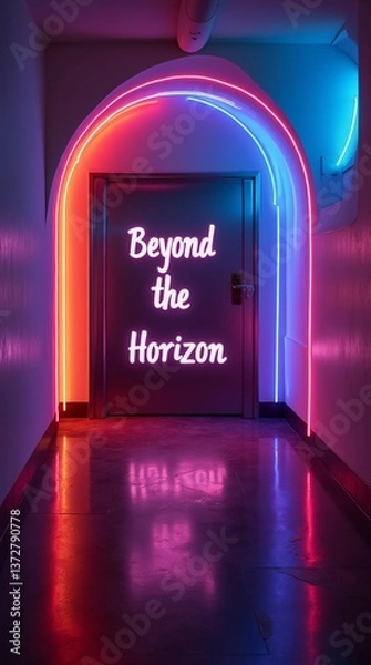 Fototapeta Neon-lit hallway, a doorway marked "Beyond the Horizon," inviting exploration.