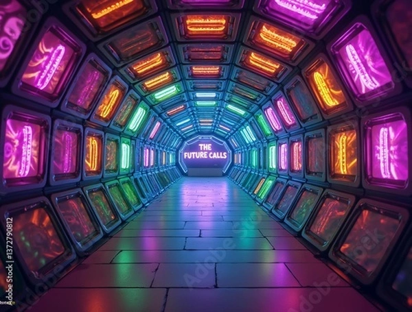 Fototapeta The "Future Calls" sign illuminates the path ahead, a vibrant tunnel of possibilities.