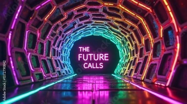 Fototapeta Neon lights paint a futuristic tunnel, promising exciting possibilities.