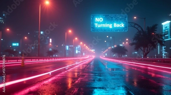 Fototapeta A city road, illuminated by vibrant neon lights, displaying a "No Turning Back" message.