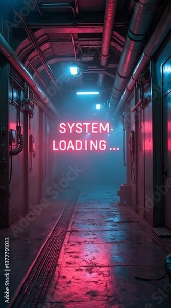 Fototapeta System loading... a view of a subterranean, industrial space.
