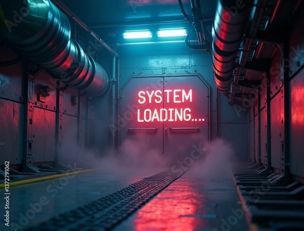 Fototapeta The metallic walls of a subterranean passageway reflect the vibrant red glow of the "SYSTEM LOADING... " sign.