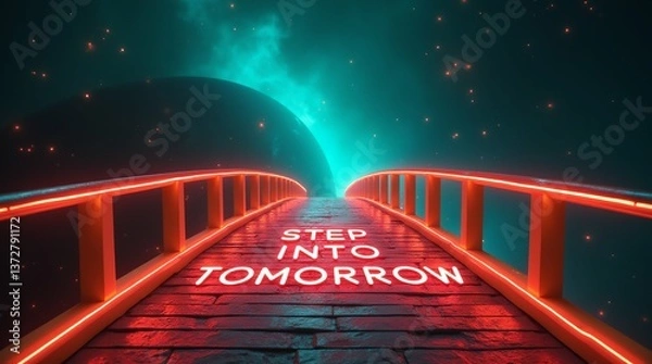 Fototapeta Neon-lit bridge, a gateway to the future.