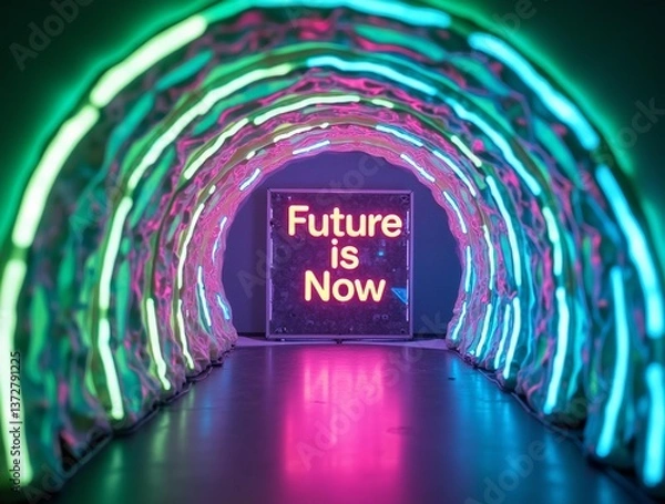 Fototapeta Neon-lit tunnel, vibrant colors, and the message "Future is Now.
