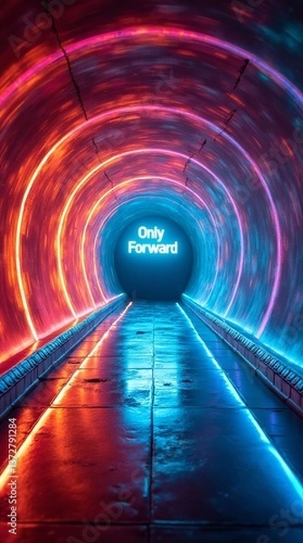 Fototapeta A vibrant tunnel, bathed in vibrant hues of red and blue, leads forward. The message "Only Forward".