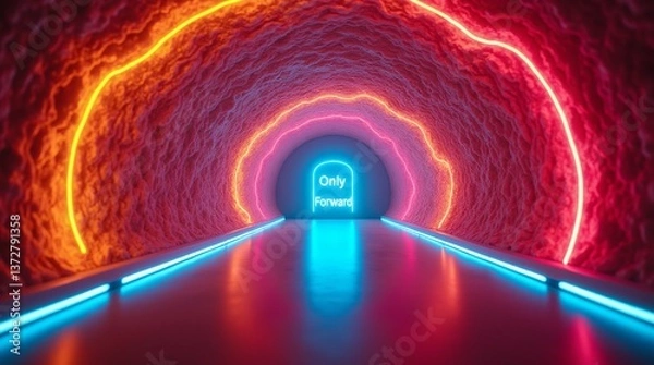 Fototapeta A vibrant neon tunnel, brightly lit with hues of orange and pink, leads to a sign that reads "Only Forward.