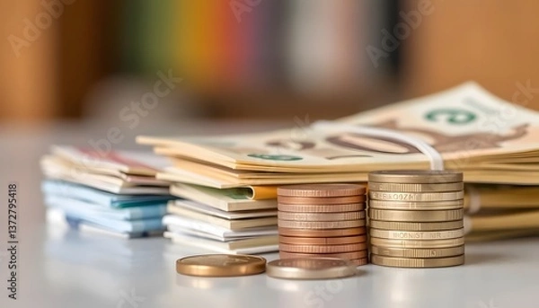 Fototapeta Counting cash stacks of money and coins office desk financial insights indoor environment close-up view wealth management