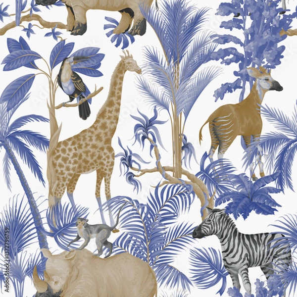 Fototapeta Seamless pattern with jungle animals and trees in blue color. Palm trees, giraffe, okapi, zebra etc. Vector.