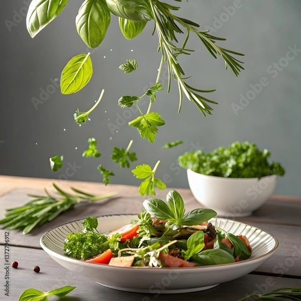 Obraz fresh herbs in a mortar