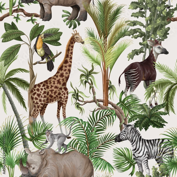 Fototapeta Seamless pattern with jungle animals and trees. Palm trees, giraffe, okapi, zebra etc. Vector.