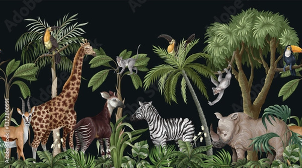 Fototapeta Mural with jungle animals and trees, realistic, cute landscape. Vector.