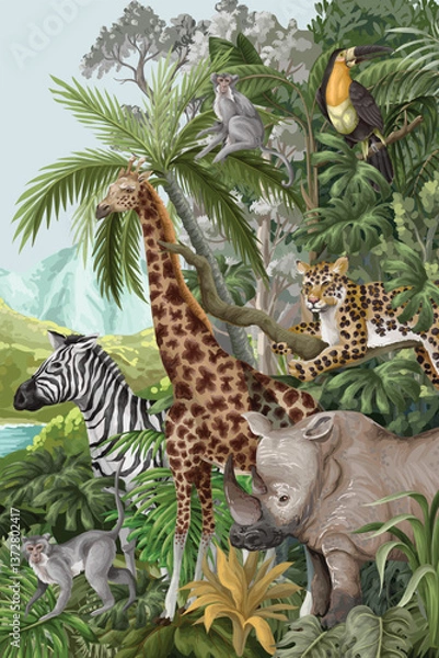 Fototapeta Mural with jungle animals and trees, realistic, cute landscape. Vector.