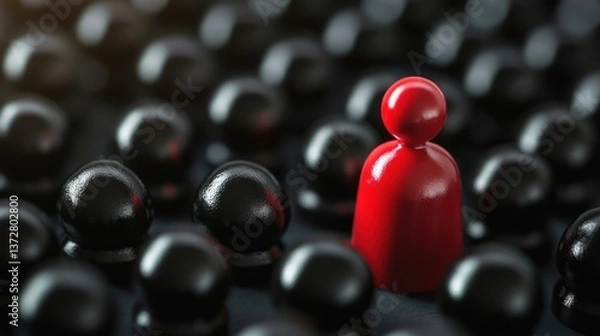 Fototapeta A single red figure stands amidst a large group of black ones