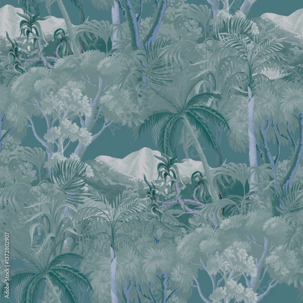 Fototapeta Seamless pattern with monochrome jungle forest. Palm trees, tropical leaves, nature landscape. Vector.