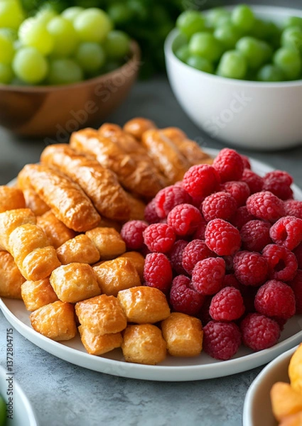 Fototapeta Assortment of Golden Dough with Raspberries and Grapes on a White Plate Displayed on a Table for Catering in Bright and Airy Setting