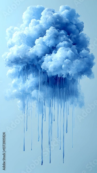 Fototapeta A fluffy blue cloud with dripping paint-like strands hangs against a light blue backdrop creating a serene surreal at