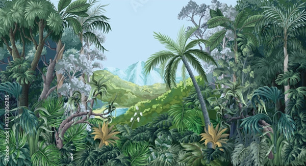 Fototapeta Mural with monochrome jungle forest. Palm trees, tropical leaves, nature landscape. Vector.