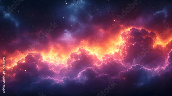 Fototapeta Celestial scene features starry sky and vibrant clouds illuminated with red  purple hues creating a dreamy atmosphere