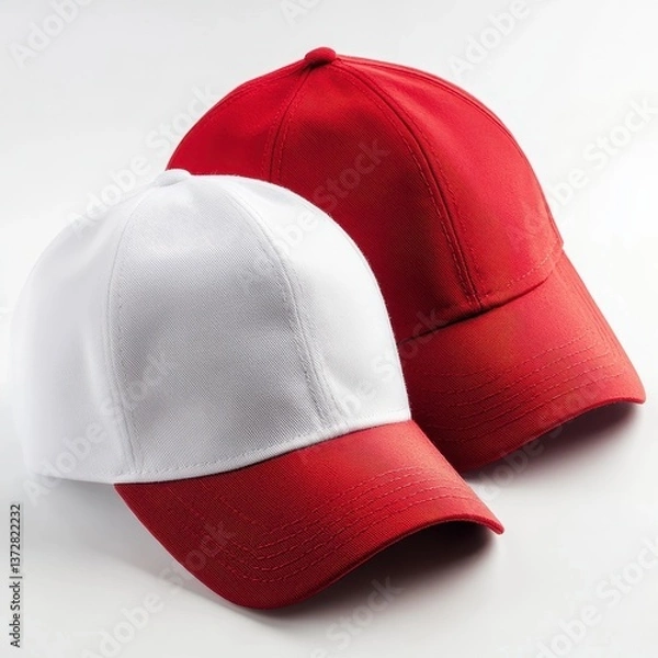 Fototapeta Two Baseball Caps One Fully Red and One White with a Red Brim Overlapping on a Plain Background