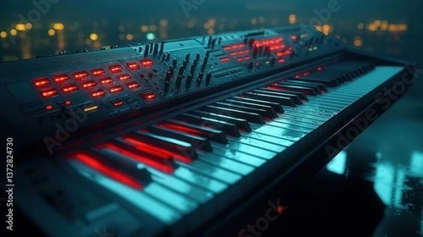 Fototapeta Advanced electronic keyboard with vibrant red lights.  Modern synth with numerous controls.  Night city backdrop