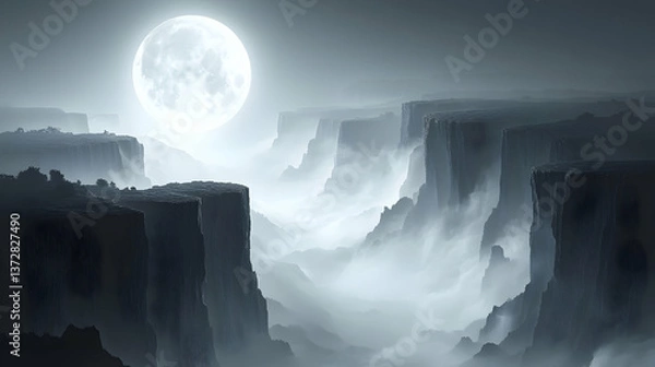 Fototapeta Enigmatic cliffs veiled in mist under a radiant full moon creating a serene and mysterious atmosphere